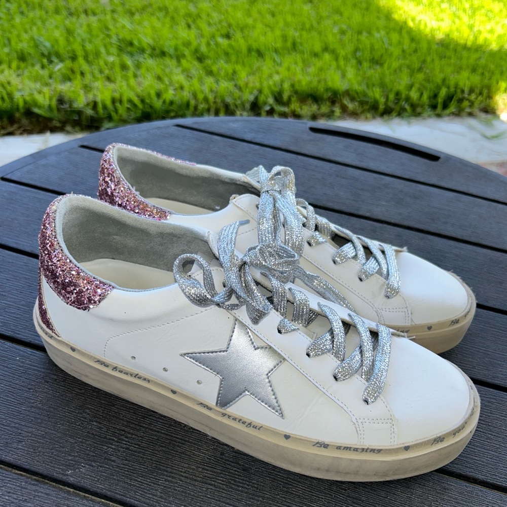 ShuShop White Sneakers with Silver Star & Pink Glitter Heel